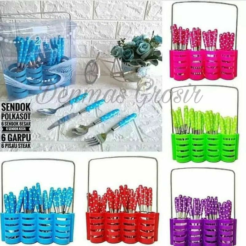 (MURAH) Sendok Polkadot Garpu Pisau Stainless Steel 24pcs