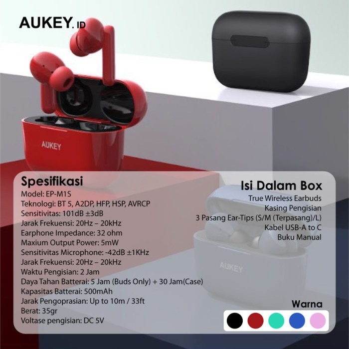 Aukey Earphone Bluetooth TWS Move Series Mini S With BT 5.2 IPX5 - SKU : 501421 / 501422 / 501423 / 501424 - EP-MIS - Garansi Resmi 2 Tahun