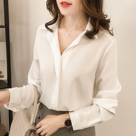 Versi Korea sederhana kemeja Lengan panjang wanita Atasan sifon Warna solid Tipis longgar-white