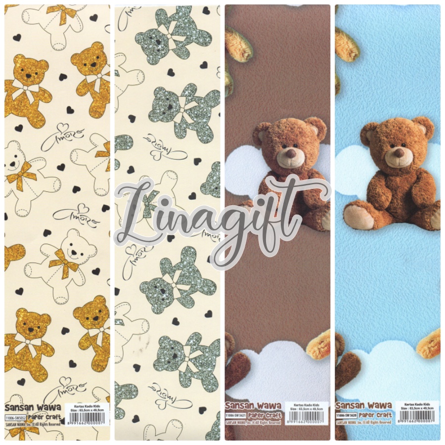 ( 5 Lembar ) BEARS SANWA - KERTAS KADO - GIFT WRAP PAPER SANSAN WAWA CUTE TEDDY BEARS DOLL / BONEKA BERUANG / PANDA BARE