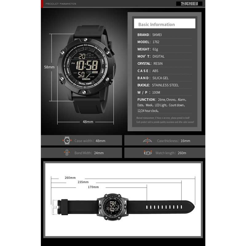 SKMEI 1762 Tahan Air 10Bar Jam Tangan Olahraga Digital Pria Tali Silikon Stopwatch LED Elektron