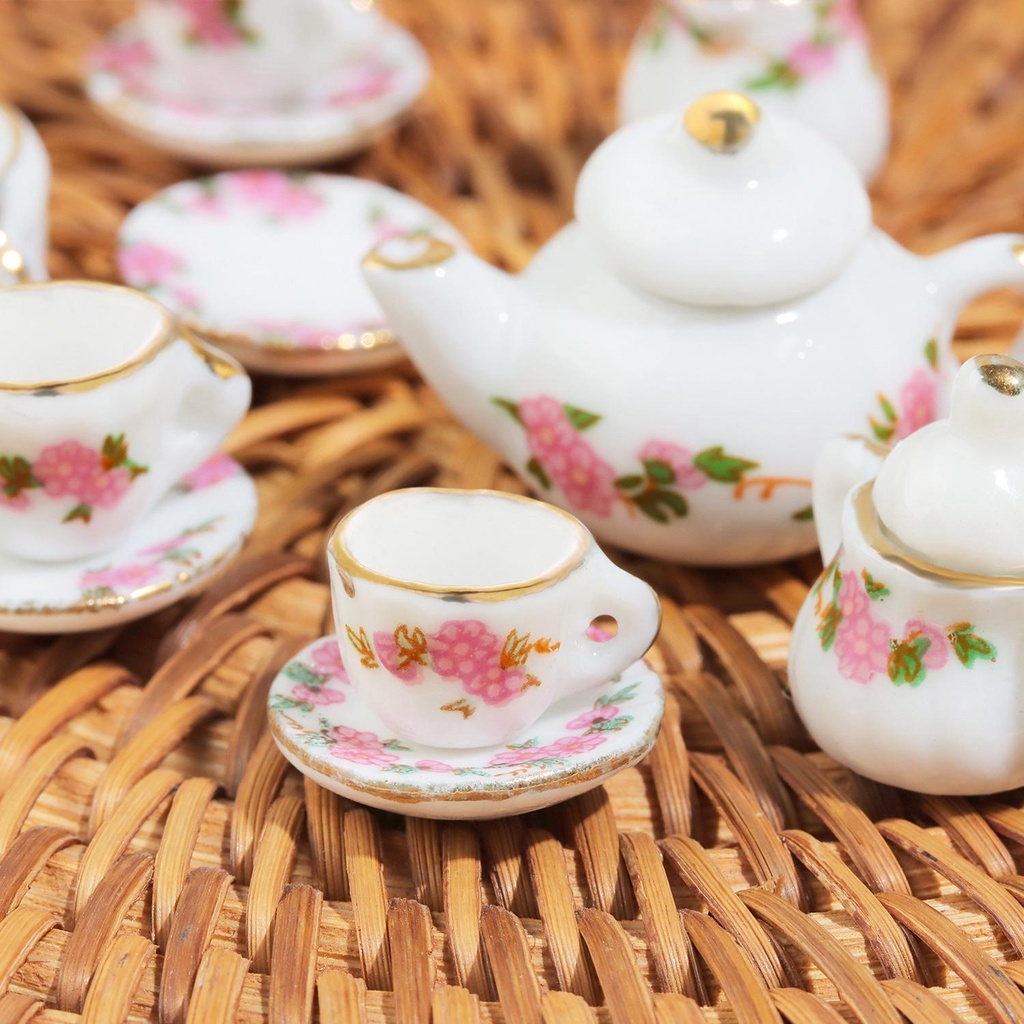 Suyo 11pcs Set Cangkir Teh Porselen Kit Dengan Lis Emas Motif Bunga Dekorasi Rumah1Per6 1per1/12 Miniatur