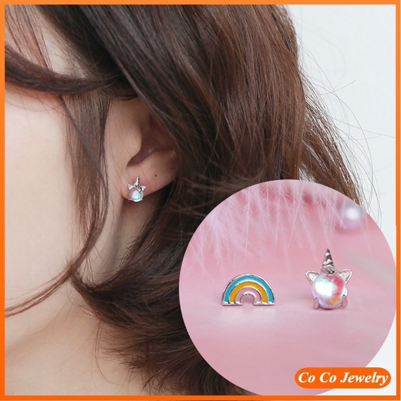 Anting Stud Earrings Unicorn Rainbow Subang Perhiasan Hadiah Fashion Earring Jewelry