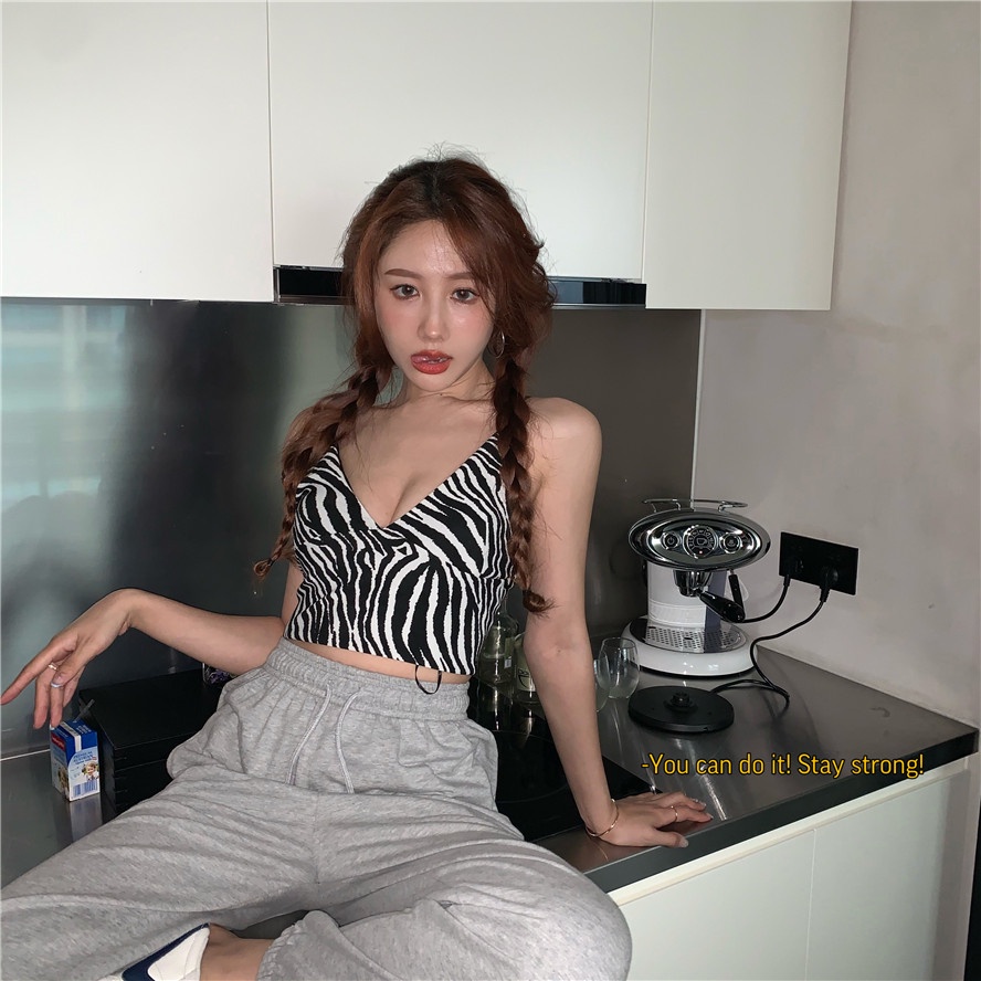 suspender bawahan leopard print wanita rompi all-match atas leher v