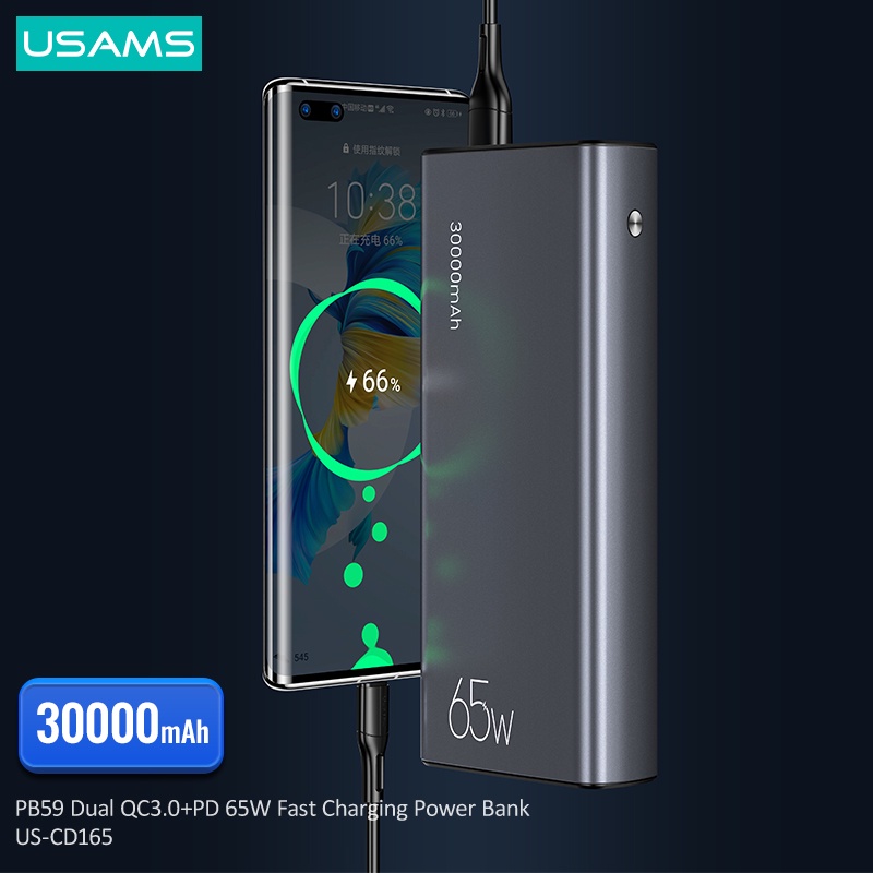 USAMS PB59 Powerbank 30000mAh Fast Charging PD 65W Dual QC3.0 + Kabel Data C to C 100W