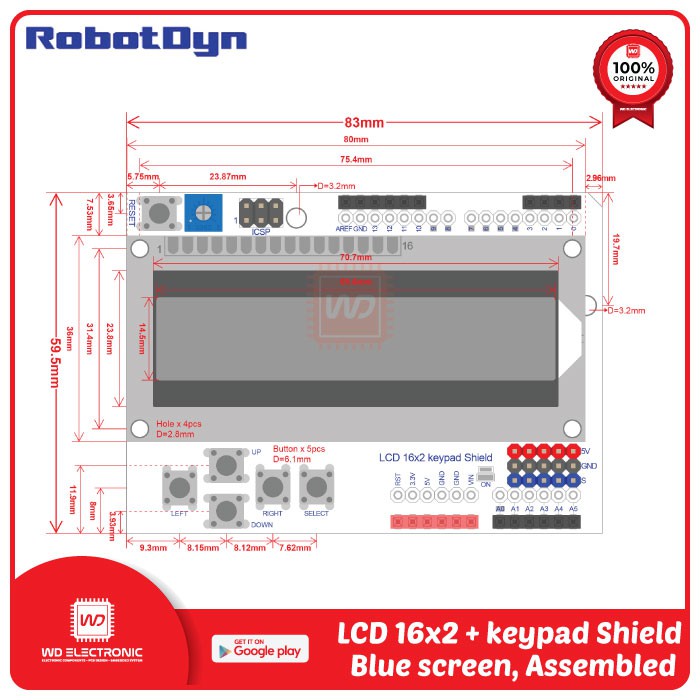 ROBOTDYN LCD 16x2 KEYPAD SHIELD ARDUINO LCD KEYPAD SHIELD BLUE GREEN