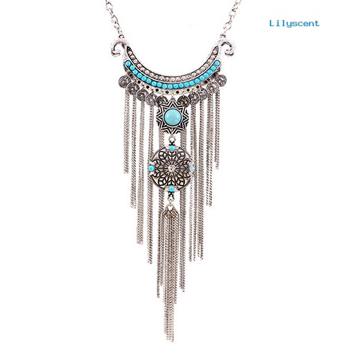 Kalung Choker Rantai Panjang Liontin Rumbai Turquoise Bahan Alloy Gaya Bohemian Untuk Wanita