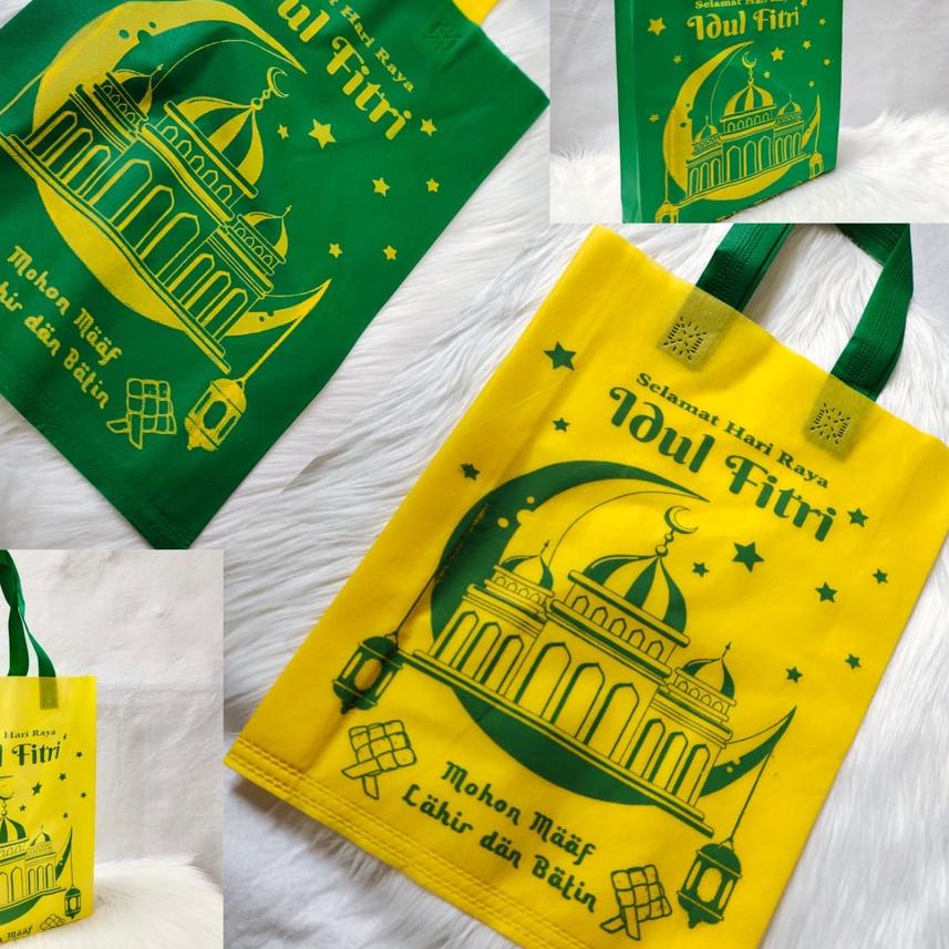 

➳ TAS GOODIE BAG LEBARAN IDUL FITRI 2022 30 x 40 1 SISI KUNING TALI HIJAU ➨