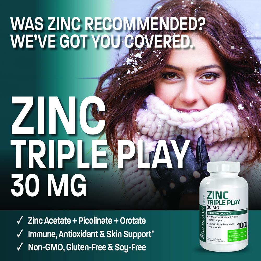 Bronson Zinc Triple Play 30 mg with Zinc Acetate Picolinate &amp; Orotate 100 Caps