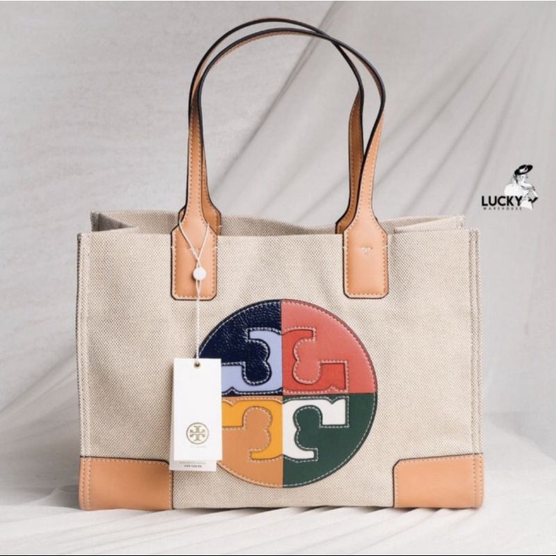 Tory Burch Ella Tote Canvas Colorblock Multicolour - ORIGINAL 100%