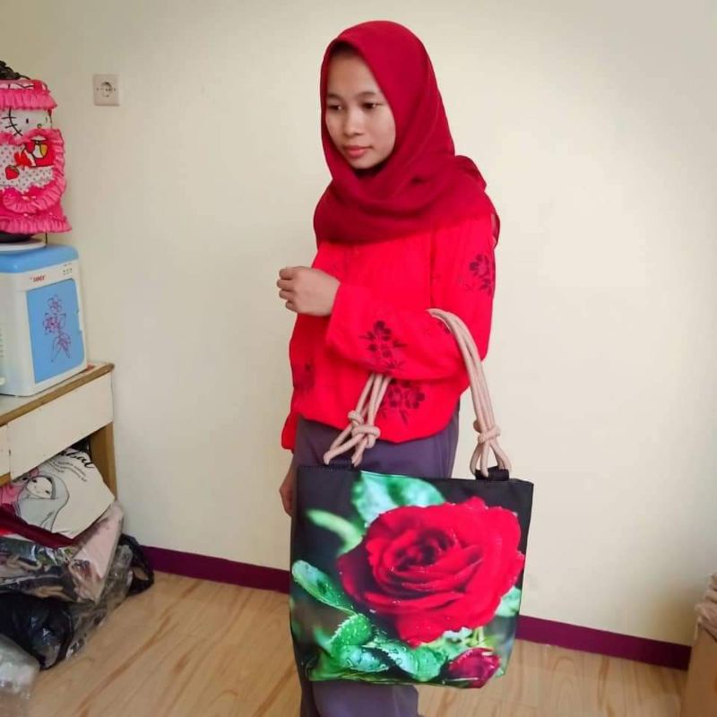 Totebag bunga tas Tote tali sumbu printing bunga termurah by zellshop