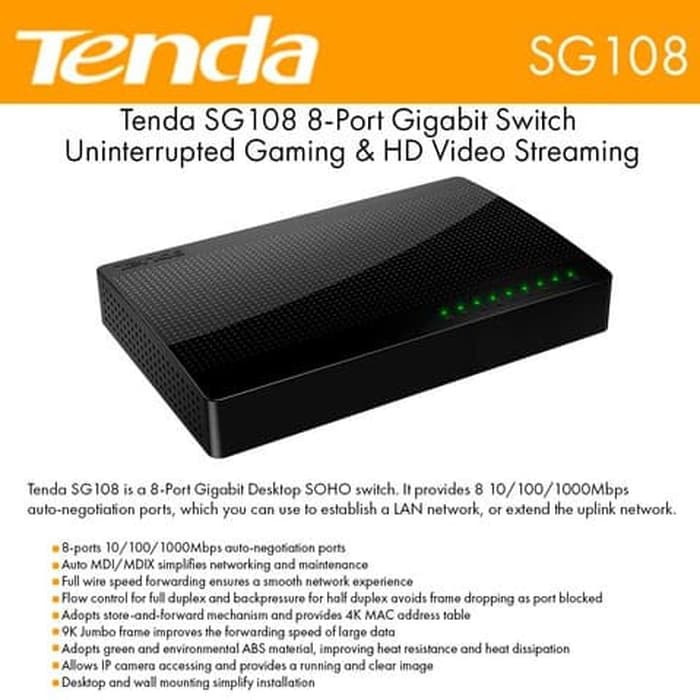 TENDA SG108 : Desktop Switch Hub Gigabit Tenda SG108 SG-108 8 Port Gigabit 10/100/1000 Mbps