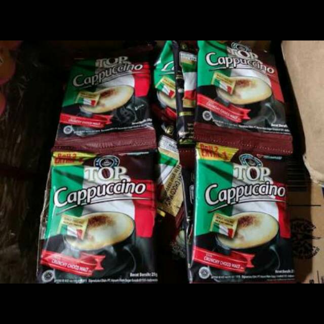 

Kopi Top Cappuccino dengan bubuk cokelat isi 15 saset Top Coffee