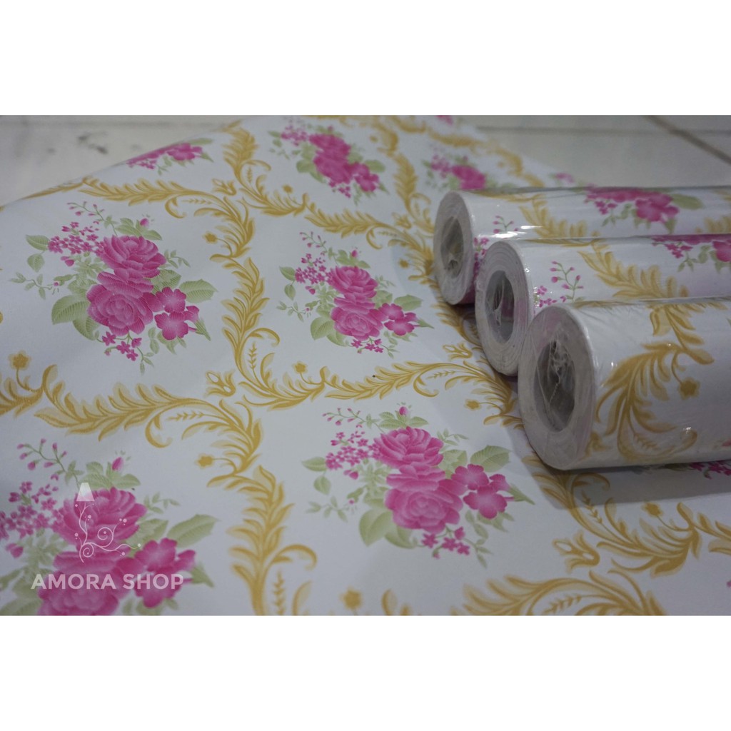 Wallpaper Stiker Dinding Motif Batik Gold Rose Pink 10m x45cm