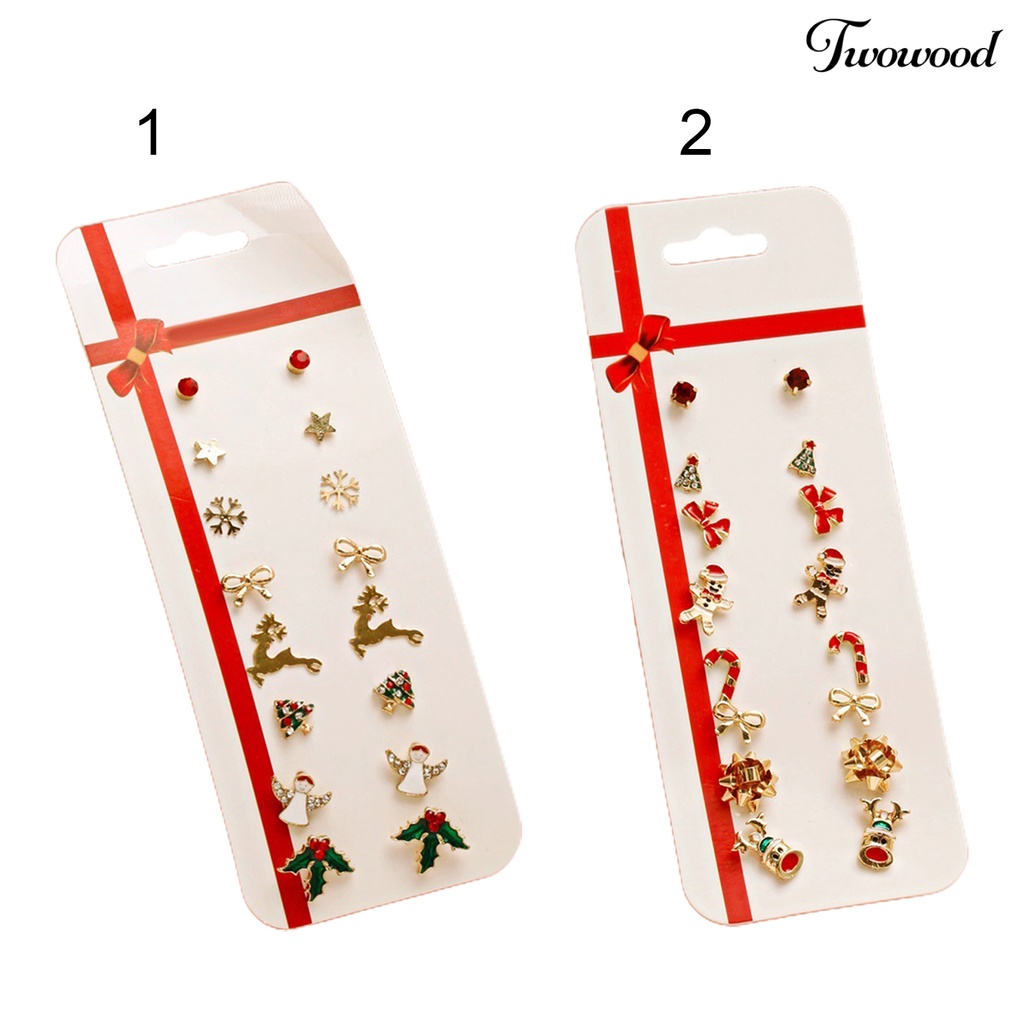 8 Pasang / Set Anting Stud Desain Pita Pohon Natal Snowman Aksen Berlian Imitasi Gaya Klasik Untuk Wanita