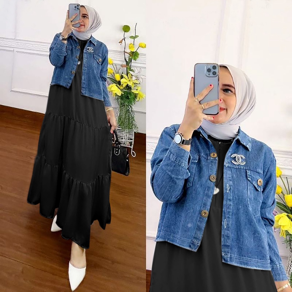 Gina Set 2in1 Gamis Rayon Set Jeans Jaket Premium All Size Fit L Besar Fashion Muslim Wanita Terlari