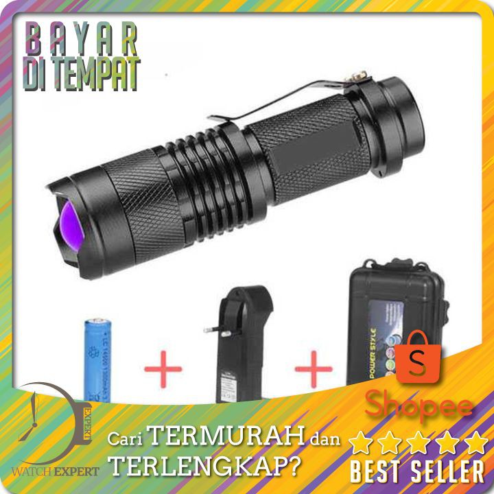 PROMO Senter LED 395nm UV + Baterai + Charger + Box