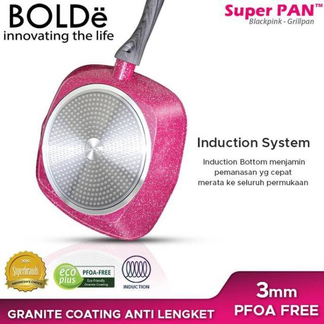 BOLDE GRILL PAN BLACK PINK SUPER PAN PEMANGGANG 28 CM ANTI LENGKET / PANCI PENGGORENGAN WAJAN KOTAK / PERSEGI PLATINUM GRANITE COATING SERIES