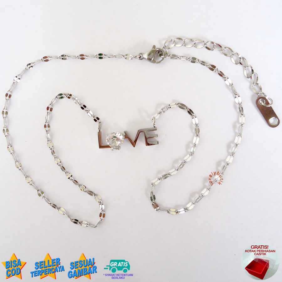 Lovelybutik - Kalung Titanium Wanita Anti Karat Anti Luntur Plus Liontin Tulisan Love 4Irin Kalung Titanium Asli Bonus Tempat Perhiasan