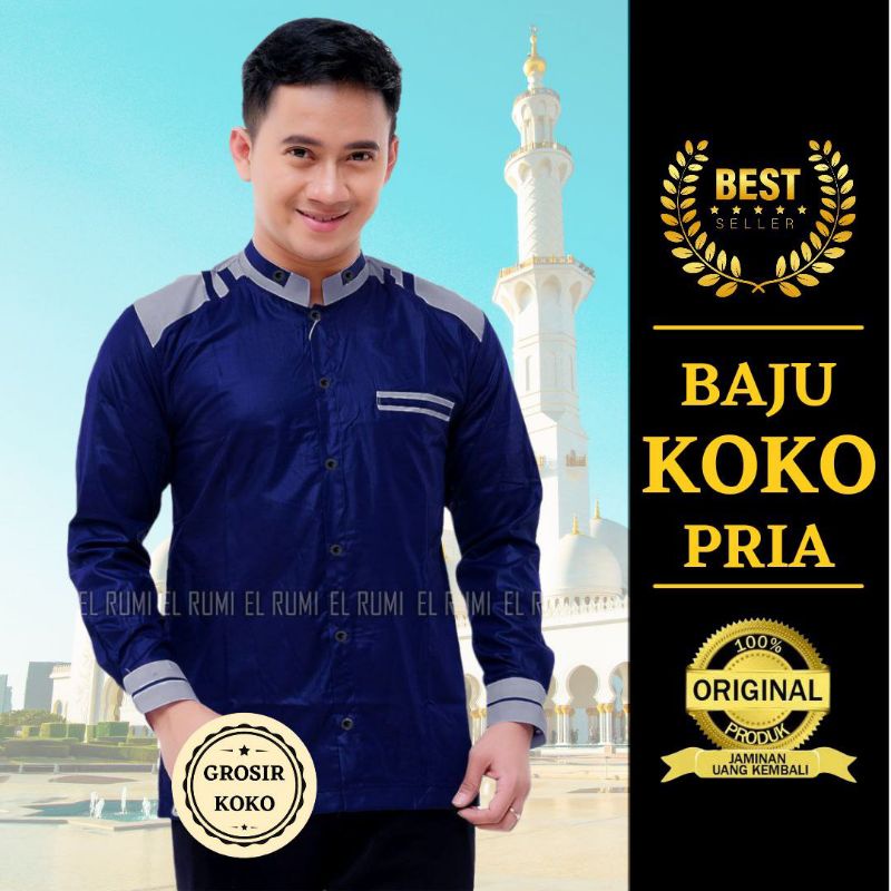 Promo Baju Koko Lengan Panjang Pria Terbaru Warna Navy Motif Adidaz Kemeja Koko Premium Original Kem