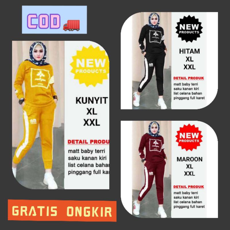 BIG SIZE JUMBO XL XXL Setelan Trening Panjang Wanita Hijab Hijabers Set Stelan Training Cewek Peremp