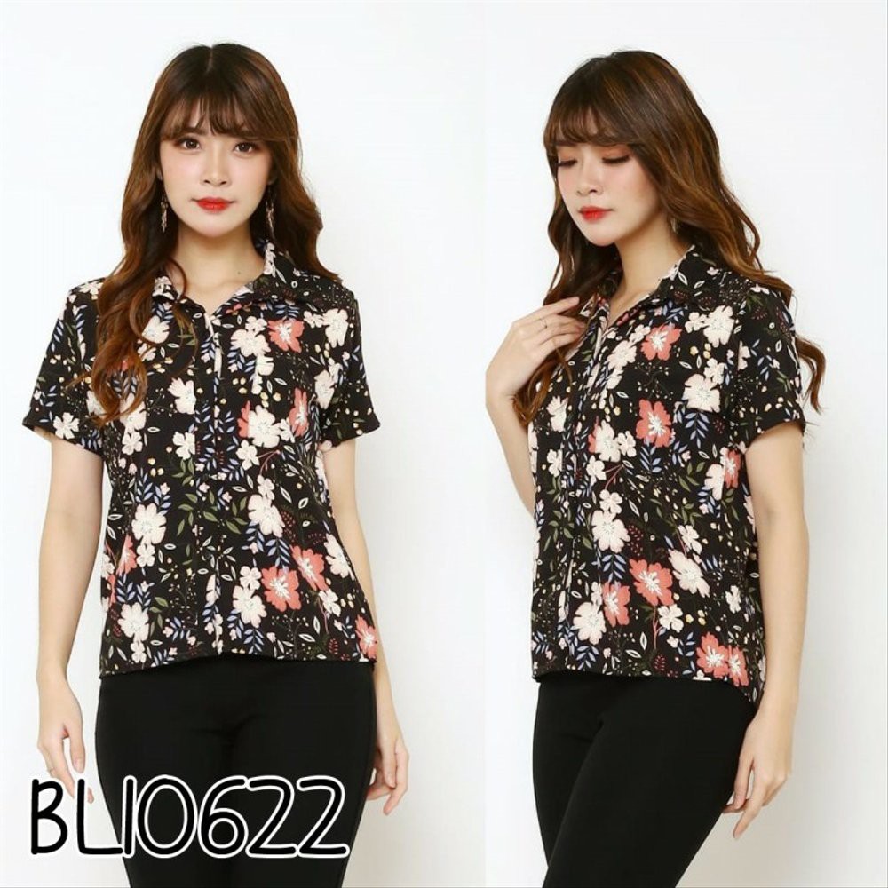 BAJU ATASAN KEMEJA WANITA LENGAN PENDEK MOTIF BUNGA CASUAL BL10622