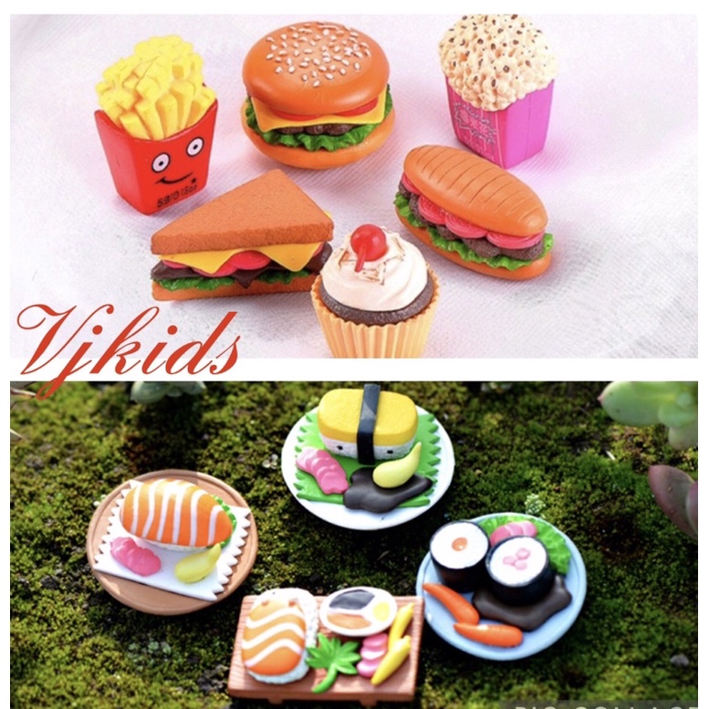 miniatur sandwich, sushi, hotdog, kentang, cupcake utk mainan sensory anak, diorama, pajangan, toppe