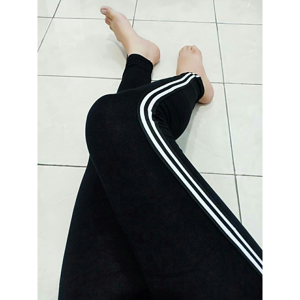 Legging Celana Senam List 2 Putih Hitam Olahraga Bahan Nyaman Comfy