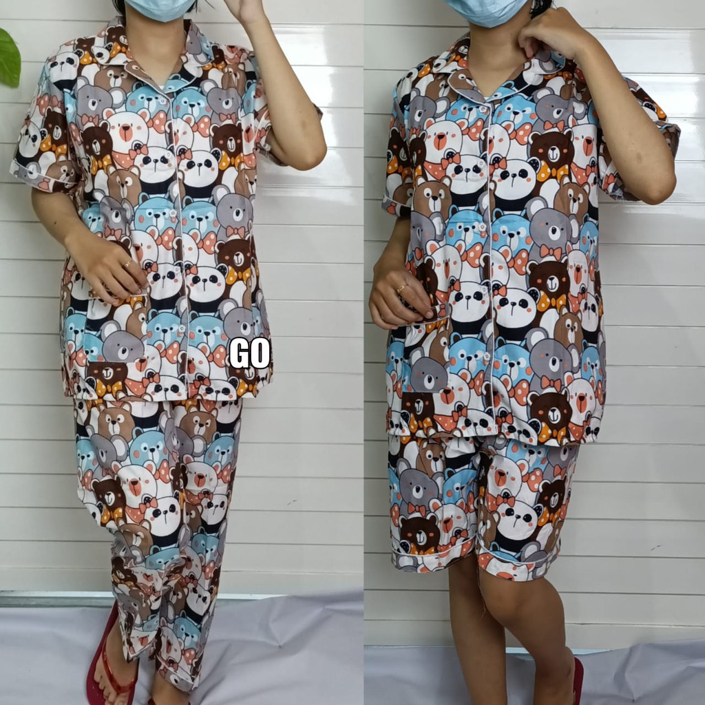 gof PIYAMA 3 IN 1 Pakaian Wanita Setelan Casual Santai Motif Original Bagus Lengan Pendek