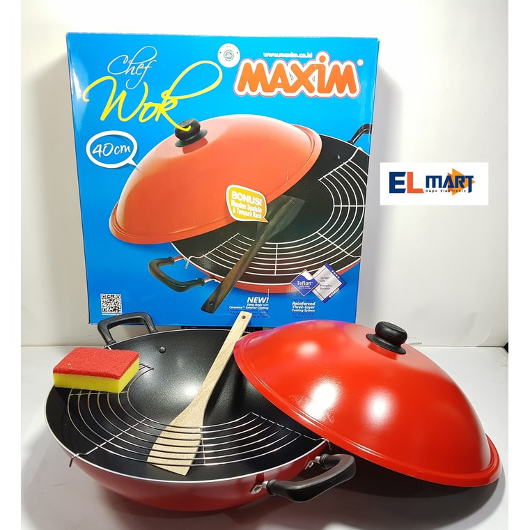 Maxim wajan non stick chef wok 40cm 40 cm penggorengan dengan tirisan dan tutup