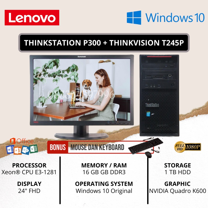 PC 1 SET TERMURAH | LENOVO THINKSTATION P300 WORKSTATION WITH THINKSVISION T2452P [INTEL XEON E3-1281 / 16GB DDR3 / HDD 1TB / VGA QUADRO K600 / WINDOWS 10 ORIGINAL / FREE MOUSE &amp; KEYBOARD / MONTOR 24&quot; FHD] - TEKNO KITA