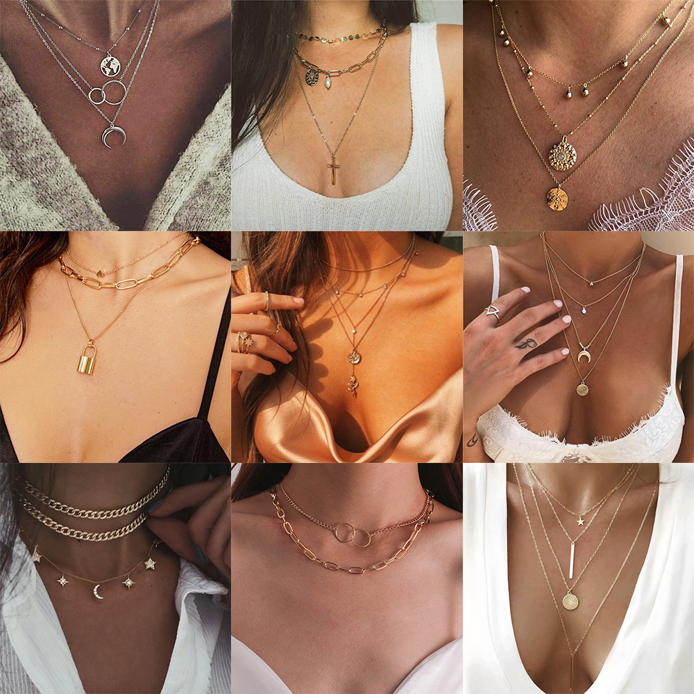 YEEZII 20Types Korea Multilayer Kalung Emas Liontin Fashion Retro Bohemian Kalung Emas Rantai Wanita Perhiasan Aksesoris