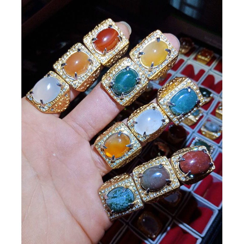 40 PCS Batu Akik Asli + Ring Titanium Baru + Kotak Cincin / 2 Kodi Cincin Batu Akik Asli Baru