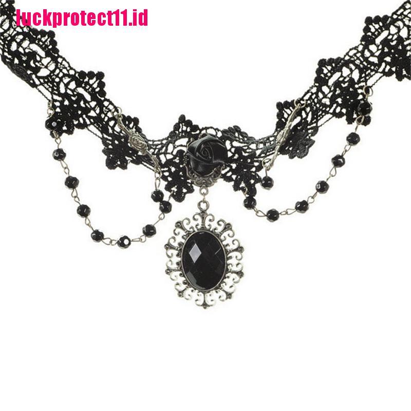 (LUCK) Kalung Choker Lace Motif Bunga Mawar Hitam Ala Lolita / Gothic Untuk Wanita