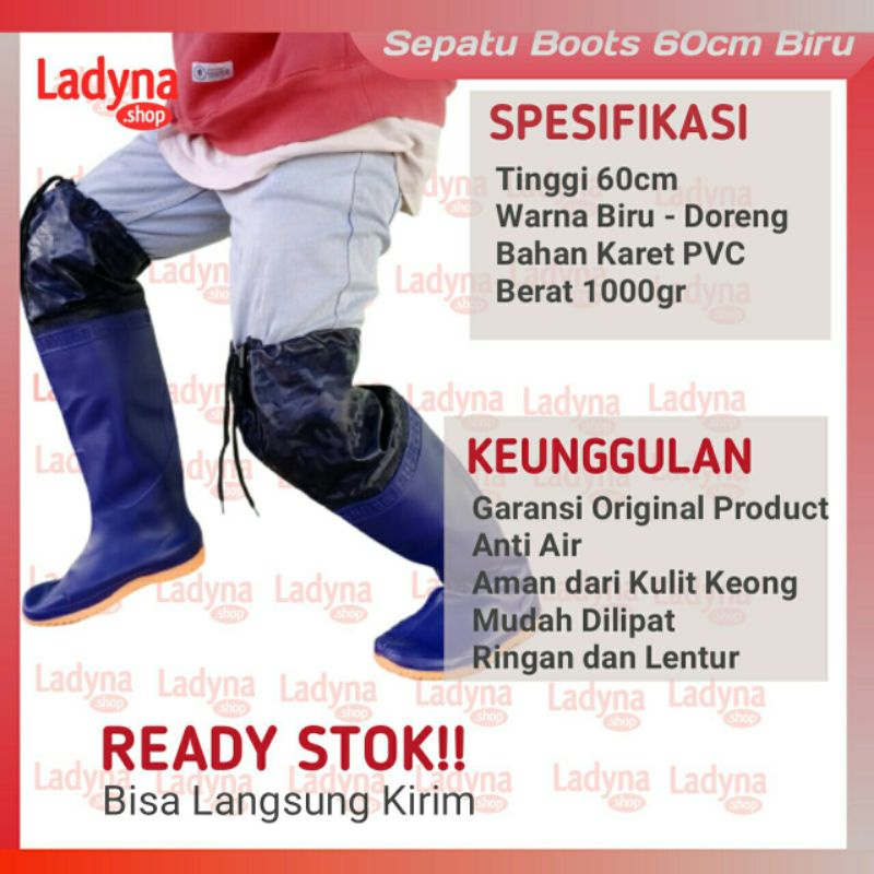 Sepatu Boots Sawah Kebun 60Cm Biru Lentur Kuat Untuk Petani Anti Air Pecahan Kulit Keong Original