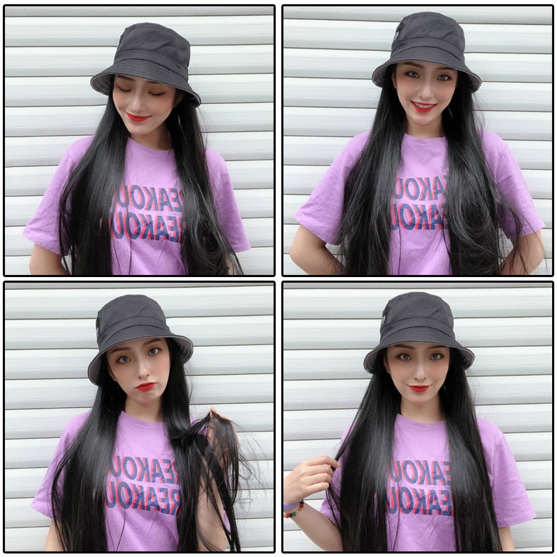 Wig Topi Bucket Long Straight Hair Korean Version Wig Topi Rambut Palsu Wanita / Wig Topi Bucket Hat / Wig Topi Bundar