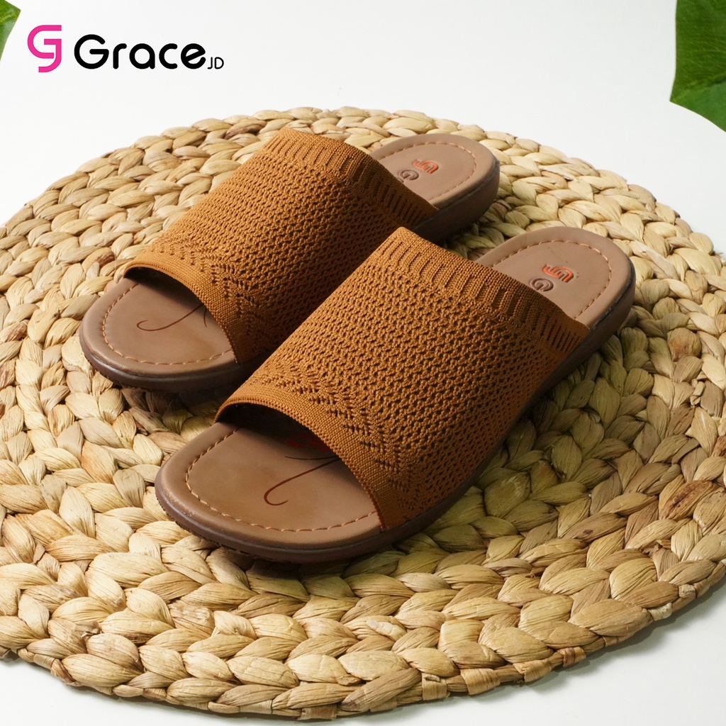 Grace(RJB 01)/Sandal Teplek Wanita Distro Selop Rajut elastis Flat/sandal slop karet rajut cewek Murah-TAN