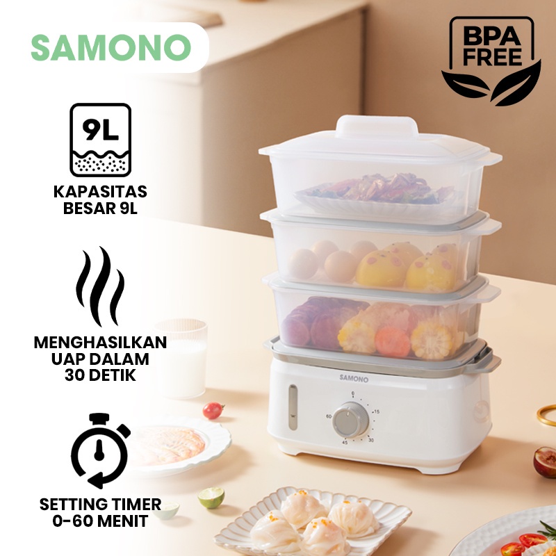 SAMONO SW-FS09 Food Steamer Kukusan Listrik 3 Tingkat Kapasitas Besar Pemanas Makanan Otomatis Kapas