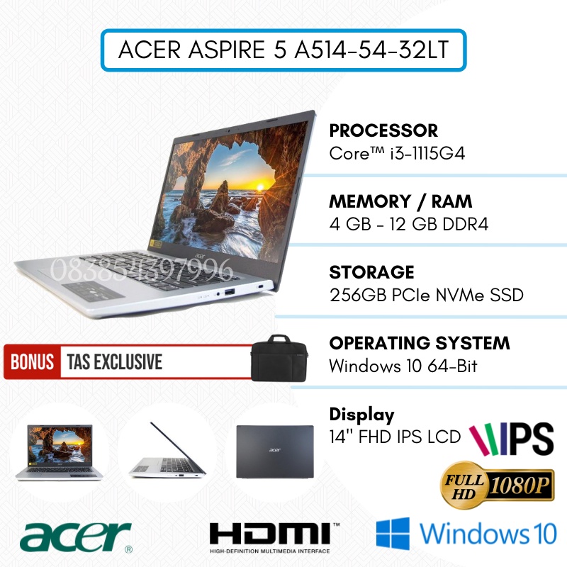 LAPTOP ACER ASPIRE 5-32LT SSD 256GB - INTEL CORE i3 GEN 11 - RAM 12GB - LAYAR 14&quot; FHD - TEKNO KITA