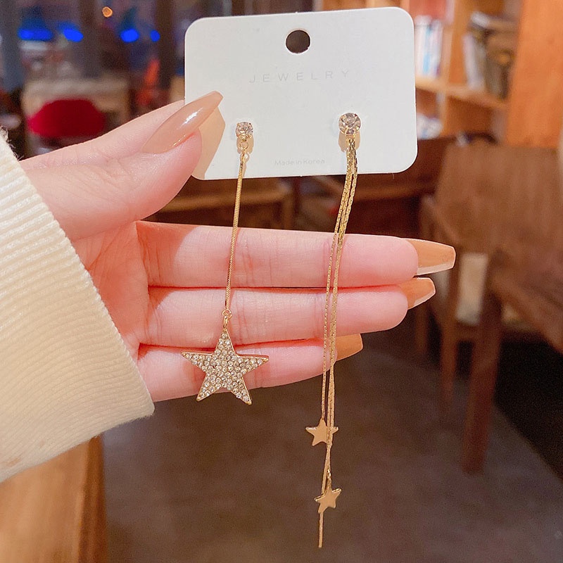 Anting Tusuk Gantung Panjang Asimetris Bahan Sterling silver 925 Desain Bintang Hias Zircon Untuk Wanita