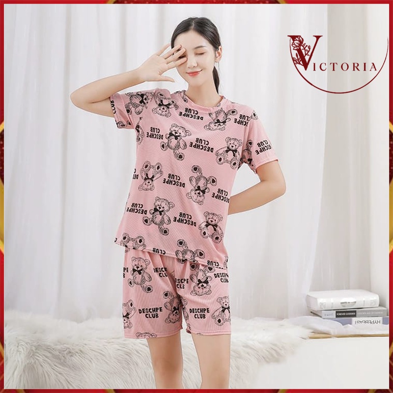 Victoria Pakaian Wanita Baju Tidur Wanita Piyama Lengan Pendek Import Motif Teddy Bear Fit to XXL 4062