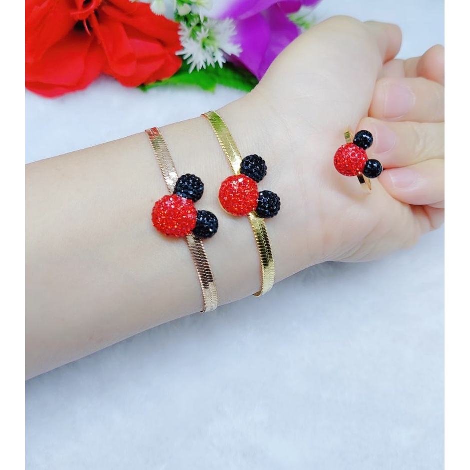 Titanium Gelang Mickey permata putih dan merah perhiasan fashion