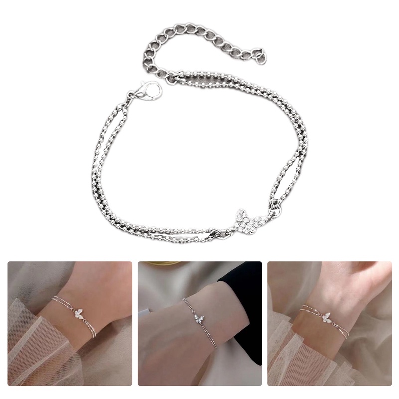 Gelang Rantai Ganda Desain Kupu-Kupu Aksen Berlian Penuh Gaya Korea Untuk Wanita