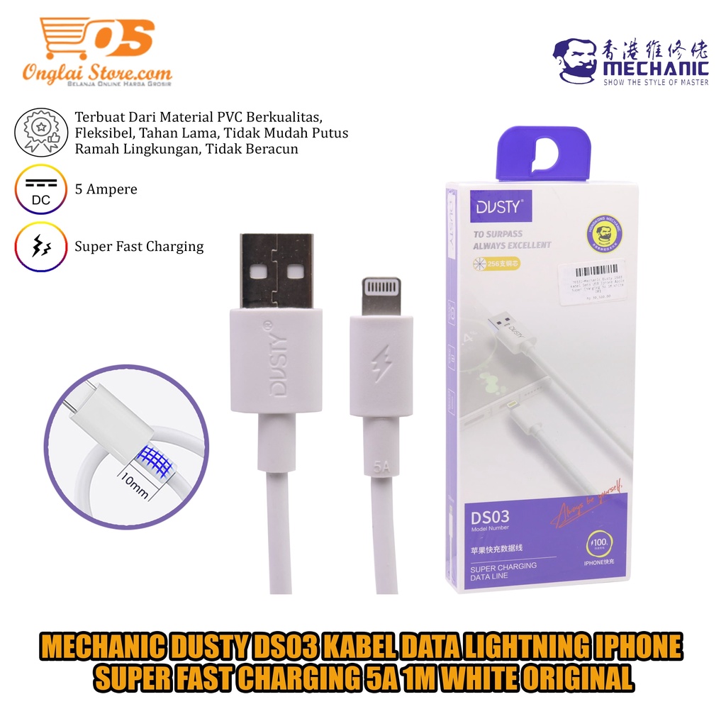 Mechanic Dusty DS03 Iphone Kabel Data USB Iphone Apple Super Charging 3A 1M White ORI
