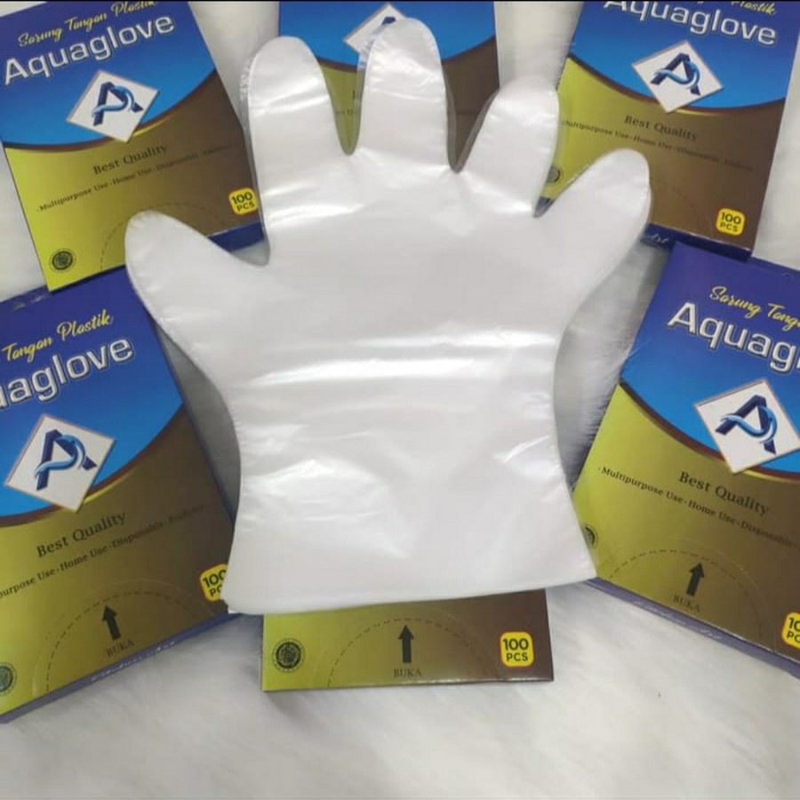 DBI - PROMO !! Sarung Tangan Plastik Merk Aquaglove 1 pack isi 100 pcs - Sarung Tangan Makanan Dapur Foot Grade - Pelindung Tangan plastik kuat dan Murah GRATIS ONGKIR COD