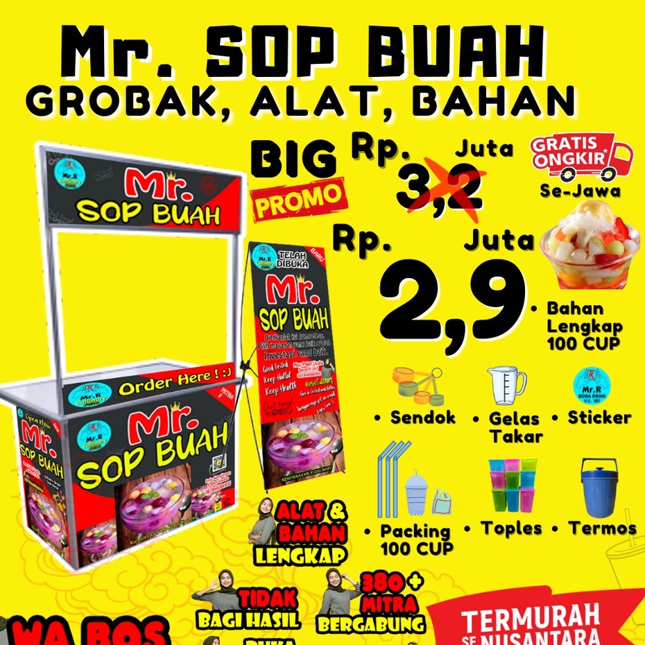 

Mr.SOP BUAH NEW|| MR.R CULLINARY (FRANCHAISE,PAKET USAHA,KEMITRAAN) GROBAK/BOOTH PORTABLE,ALAT LENGKAP, DAN BAHAN BAKU UTAMA