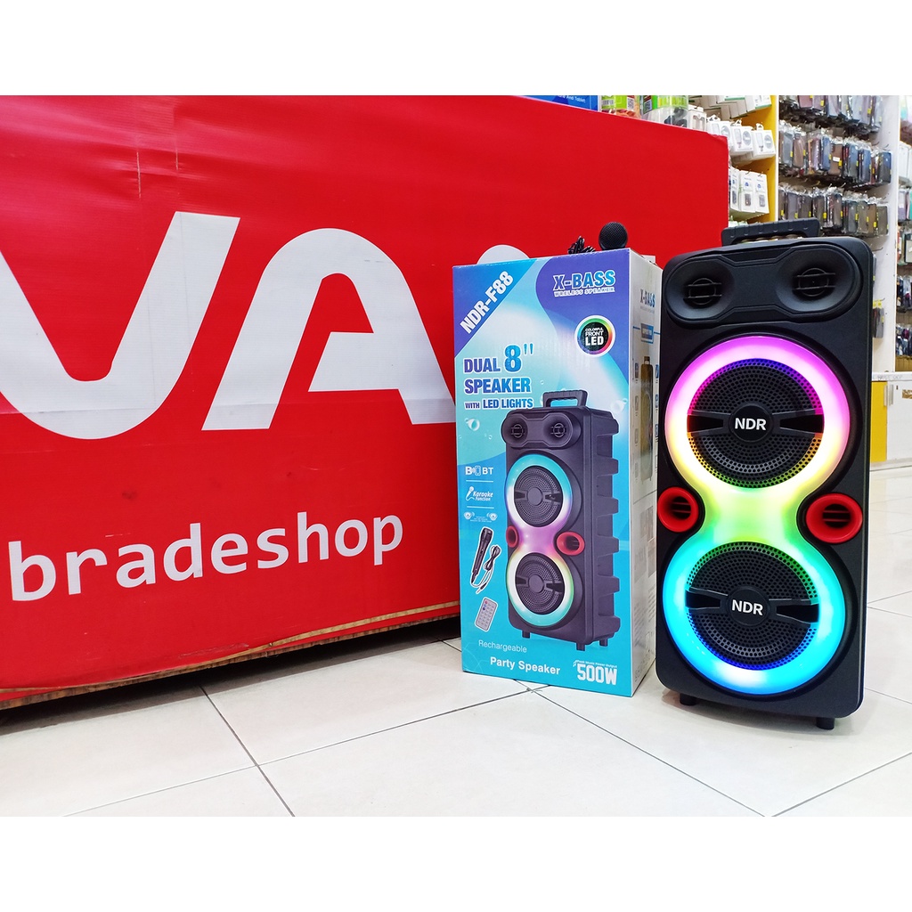 Bluetooth Speaker NDR-F88 Dual Woofer 8 Inch + Dual Tweeter 3 Inch + Microphone Kabel With RGB Lamp