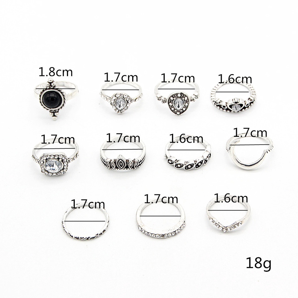 Retro Berlian Geometris Cincin Permata Hitam Moon Crown Water Drop 11 pcs Set Cincin