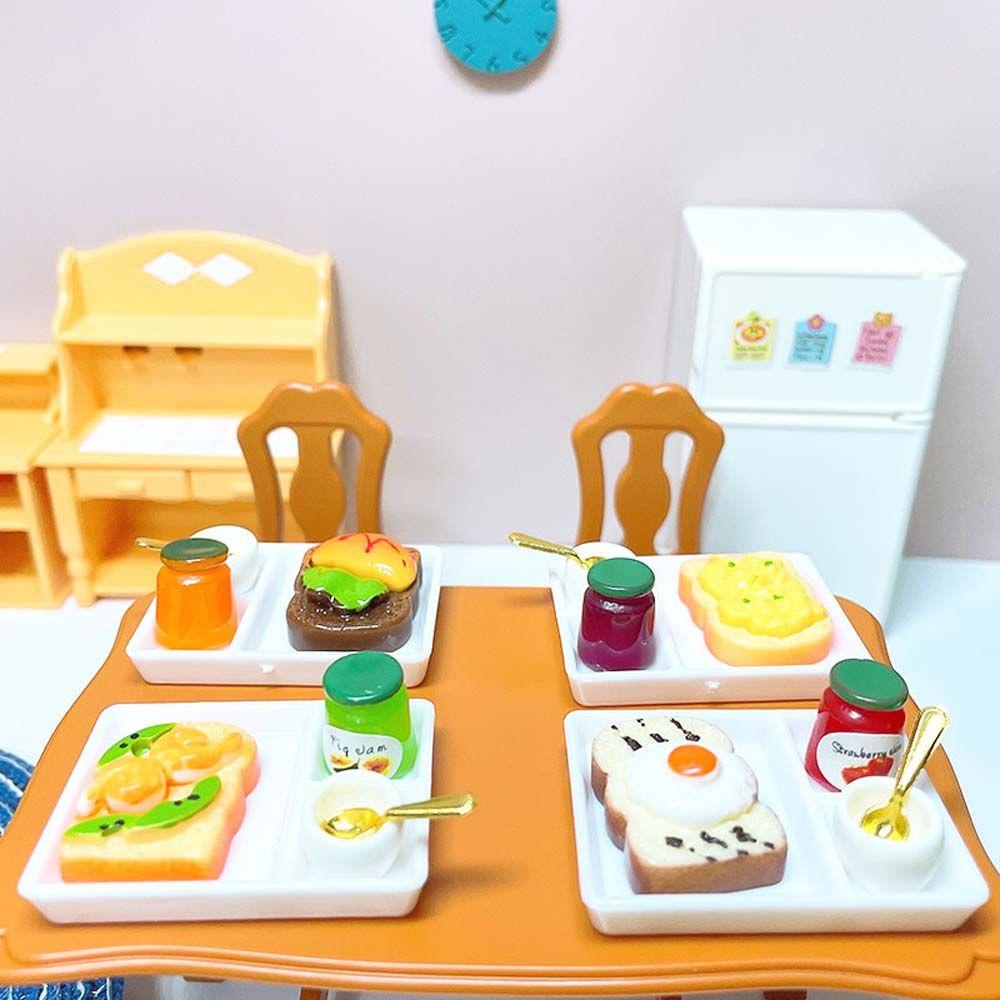 Lanfy Rumah Boneka Miniatur Mini Mainan Anak Roti Bakar Selai Berpura-Pura Bermain Mainan Piring Makan Model Kerajinan Simulasi Sarapan Mainan