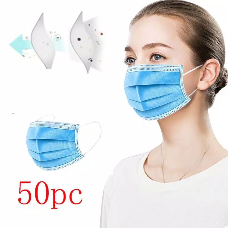 Masker 3PLY Isi 50PCS/BOX Disposable Protective face Mask Earloop Masker Pelindung/Anti Bakteri